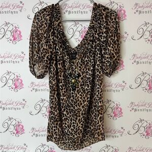 Moda International Animal Print Blouse embroidered beaded neck puff sleeves